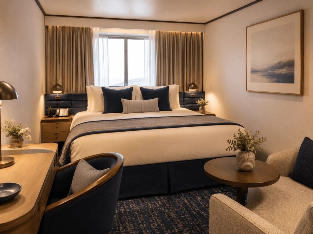 This promotional image from Villa Vie Residences shows what a window cabin aboard the Legacy residential cruise ship would look like. (Villa Vie Residences)