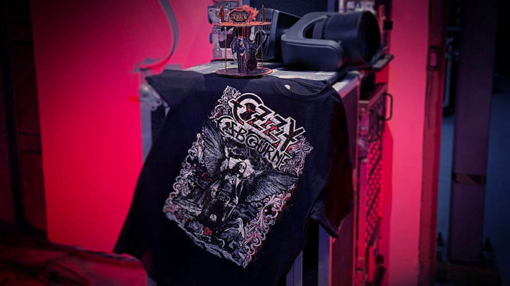 Special merchandise to commemorate the new Ozzy Osbourne haunted house at Universal Studios Halloween Horror Nights, including a limited-edition t-shirt and acrylic figure, are shown in this promotional image from Universal.