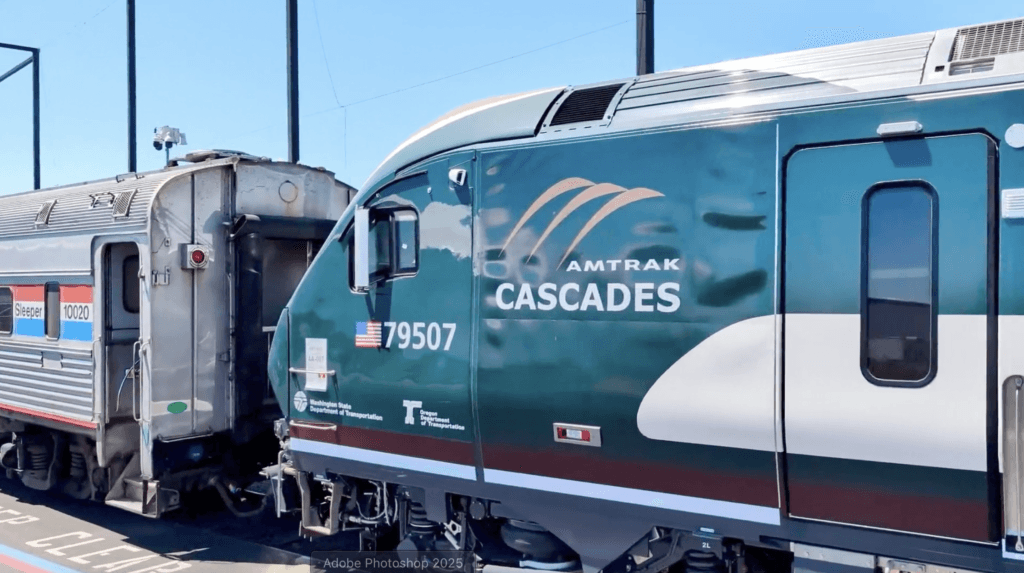 An Amtrak Air train with Amtrak Cascades branding departs from the Siemens manufacturing facility in Sacramento to undergo testing before being deployed in 2027. (Amtrak)