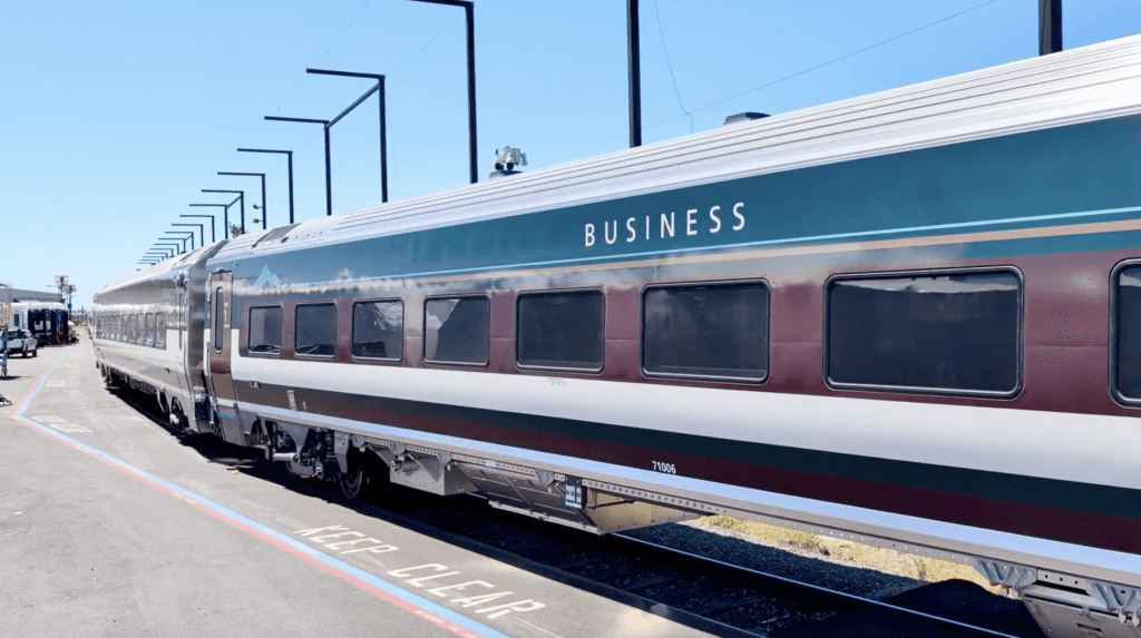 An Amtrak Air train with Amtrak Cascades branding departs from the Siemens manufacturing facility in Sacramento to undergo testing before being deployed in 2027. (Amtrak)