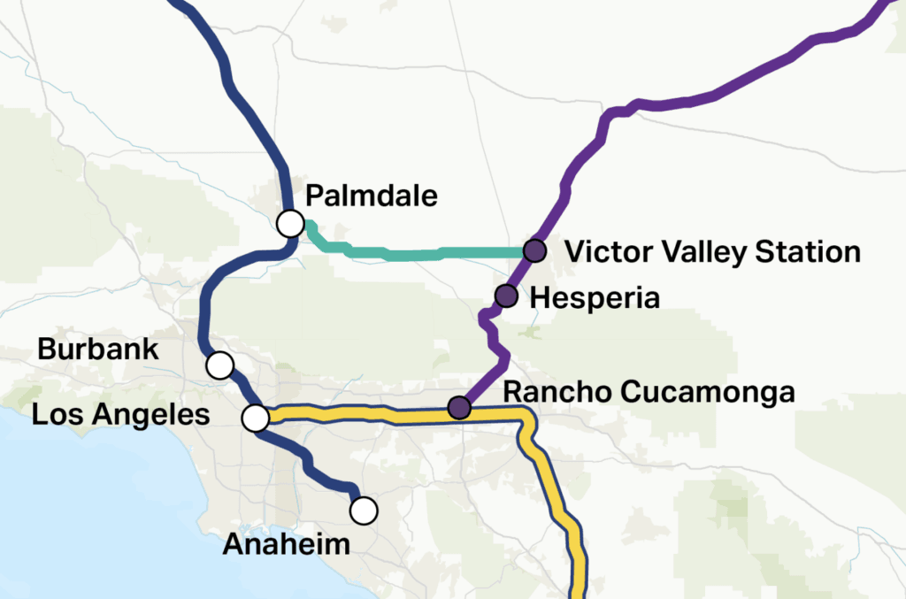 This map shows the proposed High Desert Corridor segment that cuts through the Mojave Desert to connect Palmdale to Victor Valley. (California High-Speed Rail Authority)