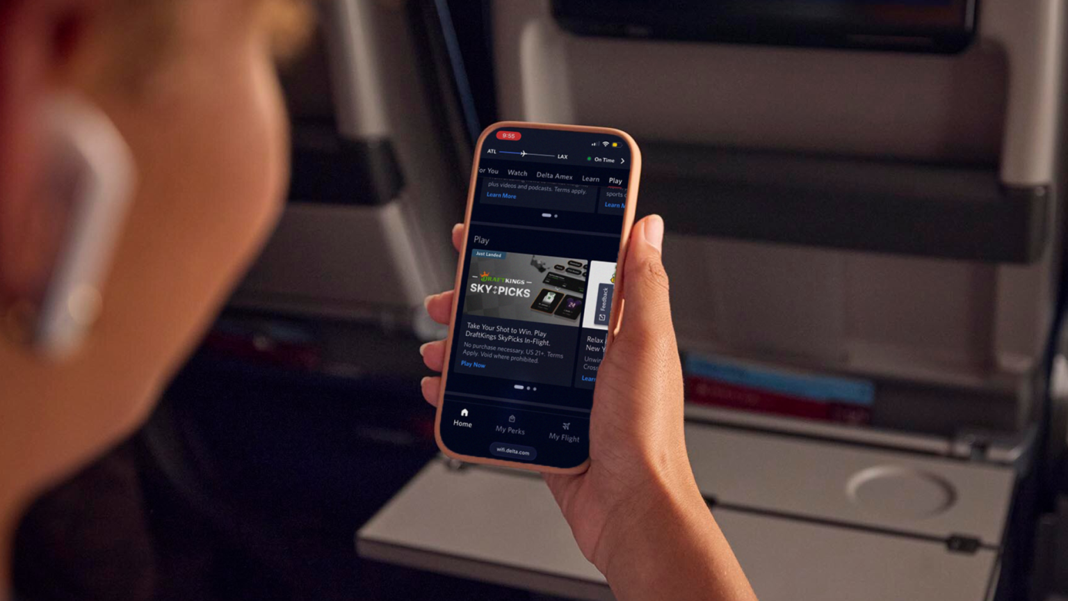 Delta announces partnership with DraftKings for in-flight gaming experience This promotional image shows the new Delta SkyPicks game, created in partnership with DraftKings, launching July 29, 2026. (Delta)