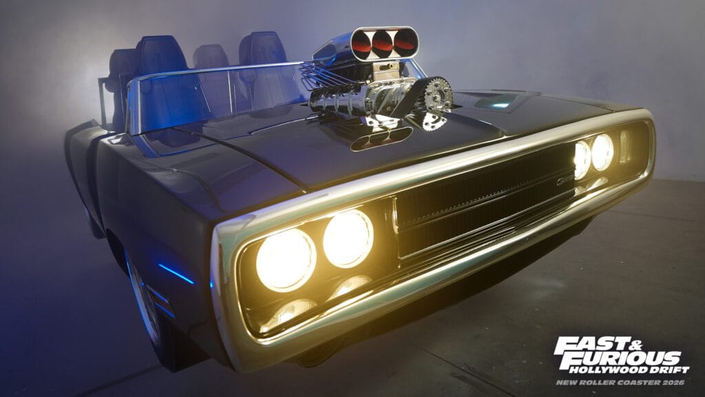 The Fast & Furious: Hollywood Drift ride vehicle modeled after Dominic Toretto’s 1970 Dodge Charger at Universal Studios Hollywood. (Courtesy: Universal)