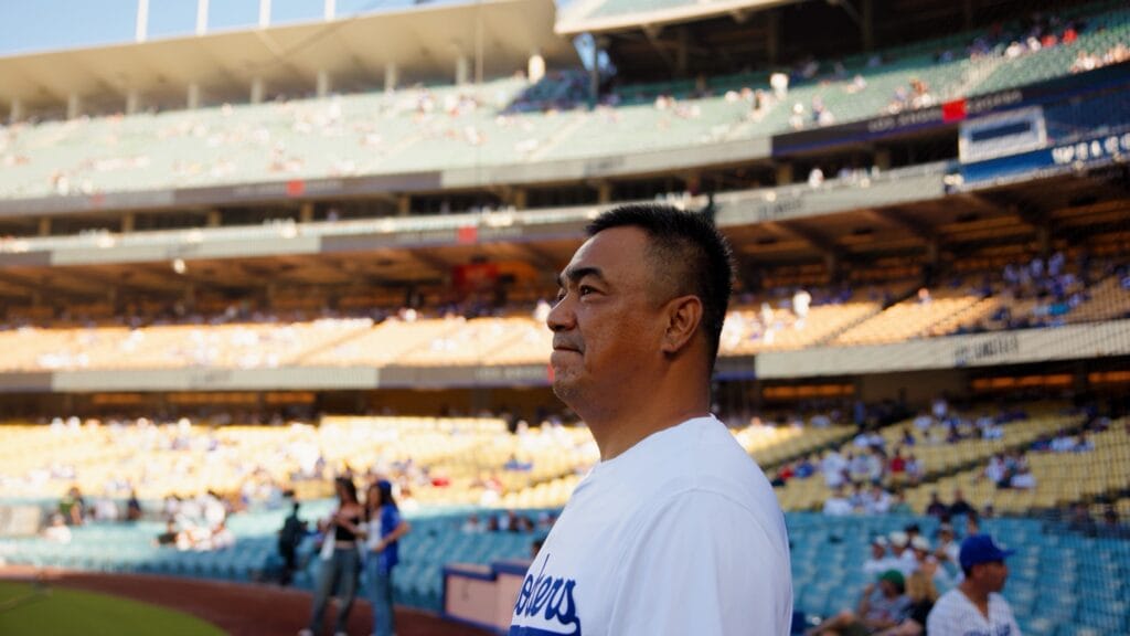 Chin-Feng Chen stands at Uniqlo Field at Dodger Stadium prior to throwing out the ceremonial first pitch during Starlux Night on Aug. 1, 2026. (Starlux Airlines)