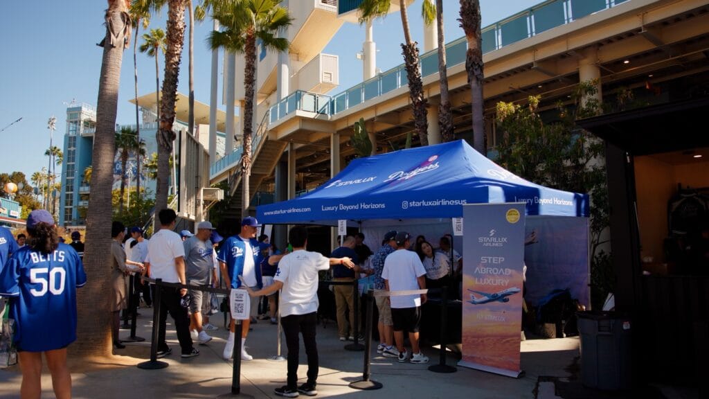 A Starlux Airlines branded booth in the centerfield plaza at Dodger Stadium in Los Angeles is seen during Starlux Night on Aug. 1, 2026. (Starlux Airlines)