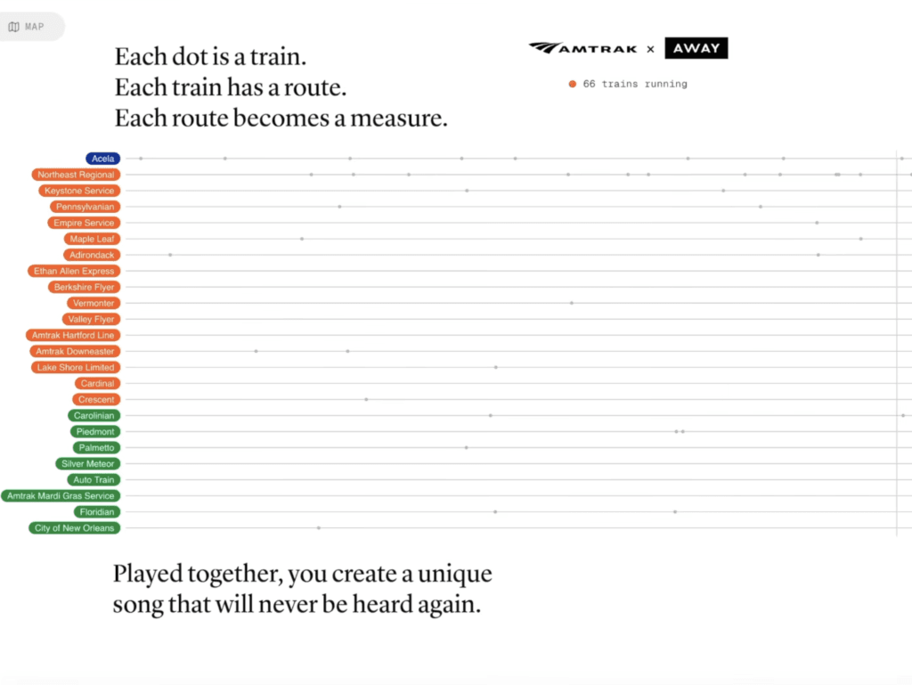 This musical arrangement shows Amtrak's new Train Jazz project, which assigns musical notes to each train across its system in order to perform an original jazz composition. (Amtrak)