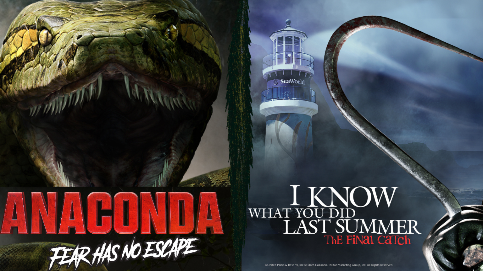 These promotional images show two beloved '90s film franchises that will make their theme park debuts during 2026 Howl-O-Scream events at Busch Gardens and SeaWorld. (United Parks and Resorts/Sony Pictures)