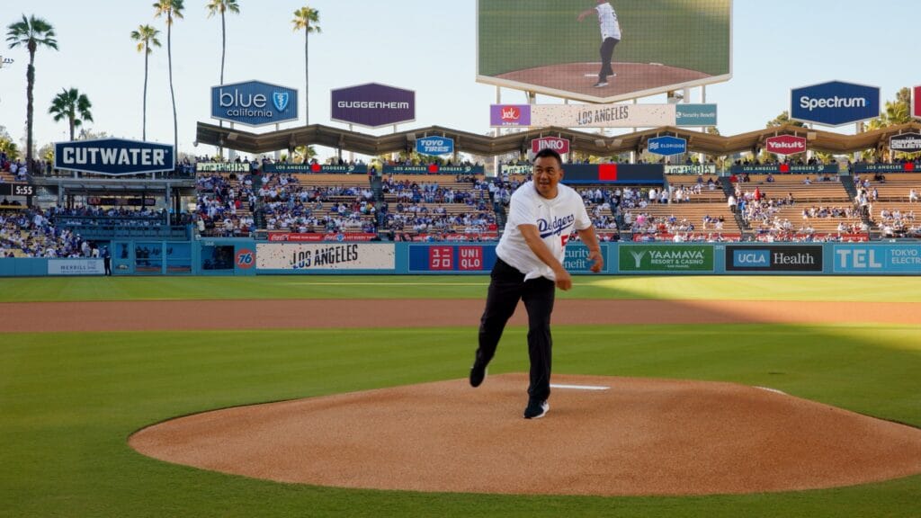 Chin-Feng Chen, the first Taiwanese-born MLB player in history, throws out the ceremonial first pitch at Dodger Stadium during Starlux Night on Aug. 1, 2026. (Starlux Airlines)