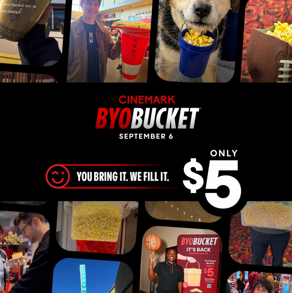 Promotional image from Cinemark Theaters regarding the Sept. 6, 2026 Bring Your Own Bucket event.