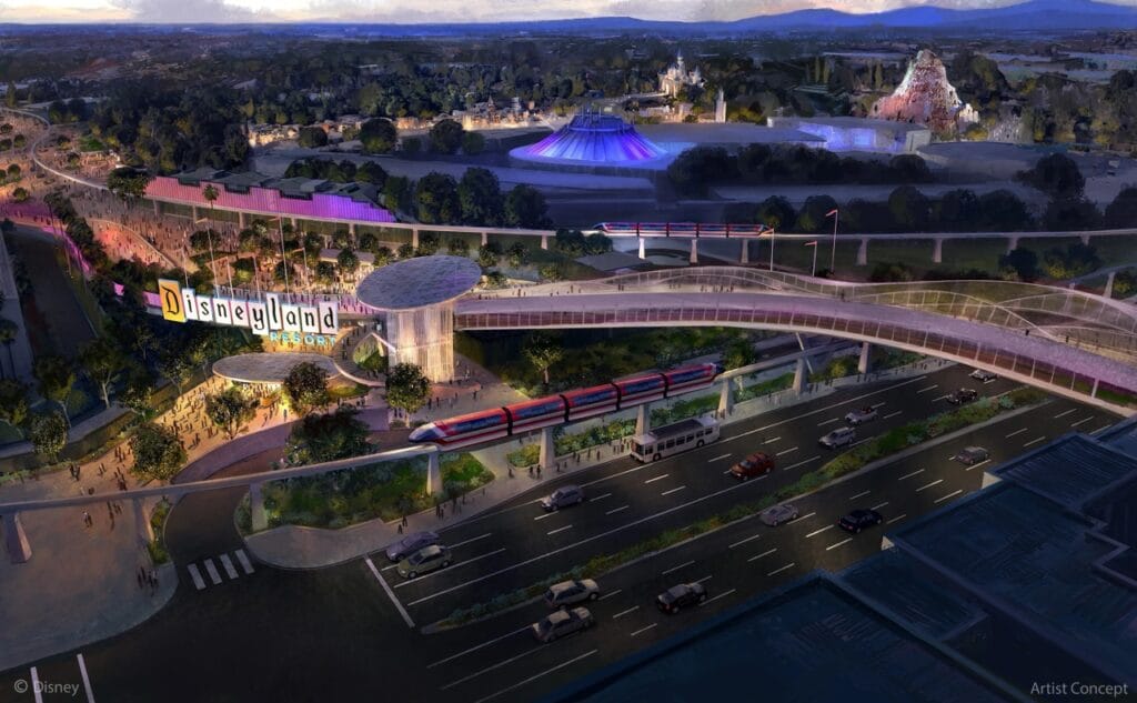 This artist rendering shows a planned pedestrian bridge over Harbor Boulevard at the Disneyland Resort in Anaheim, California. (Disneyland Resort)