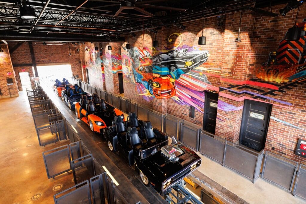 This image from Universal Studios shows the loading queue for the new Fast & Furious: Hollywood Drift outdoor rollercoaster, which is set to open on Sept 16, 2026.