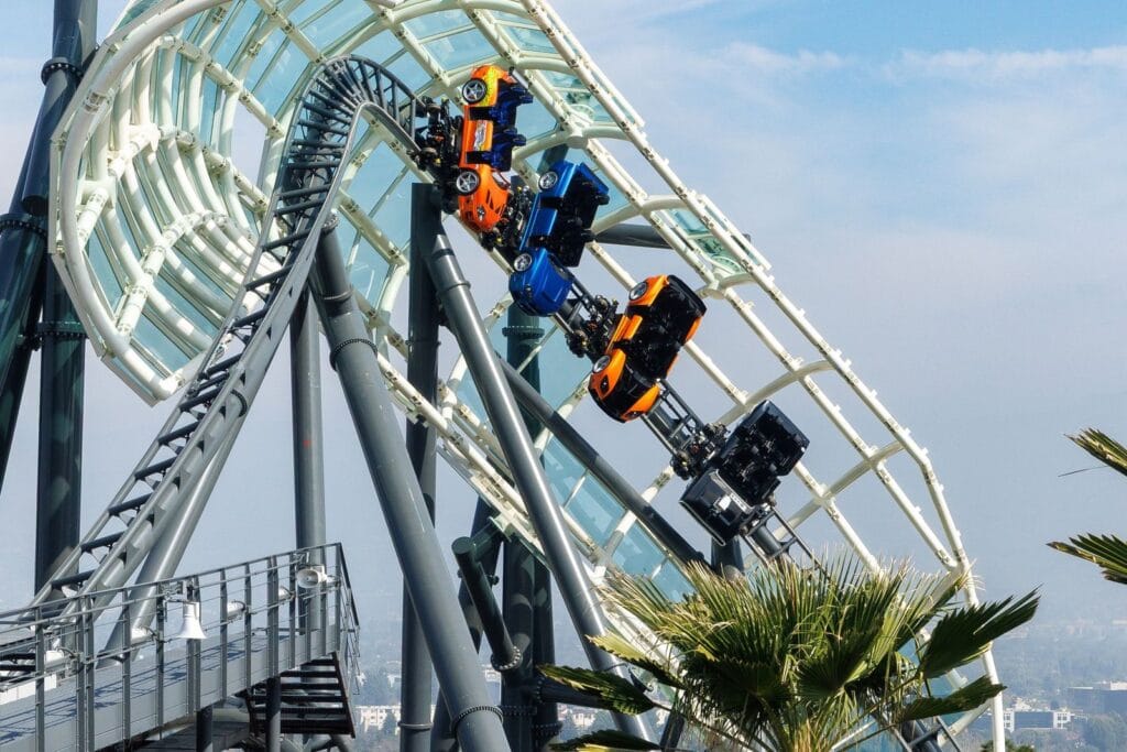 This image from Universal Studios shows cars soaring over the theme park's escalators as part of the new Fast & Furious: Hollywood Drift outdoor rollercoaster, which is set to open on Sept 16, 2026.