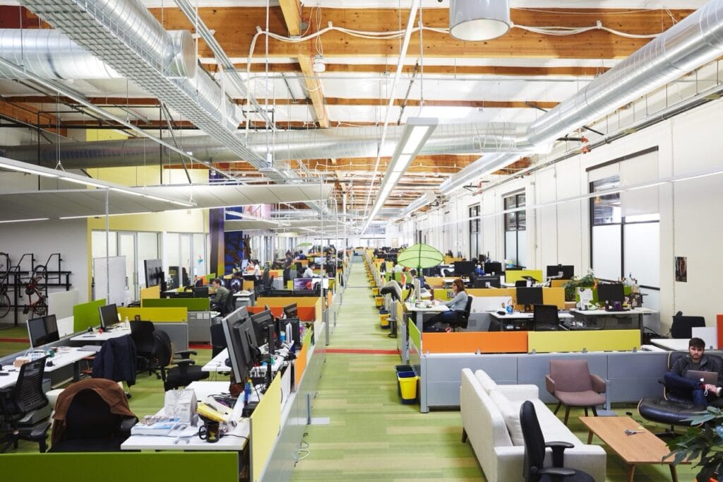 This undated promotional image shows the interior of a workspace at Google's Googleplex corporate headquarters in Mountain View, California. (Google)