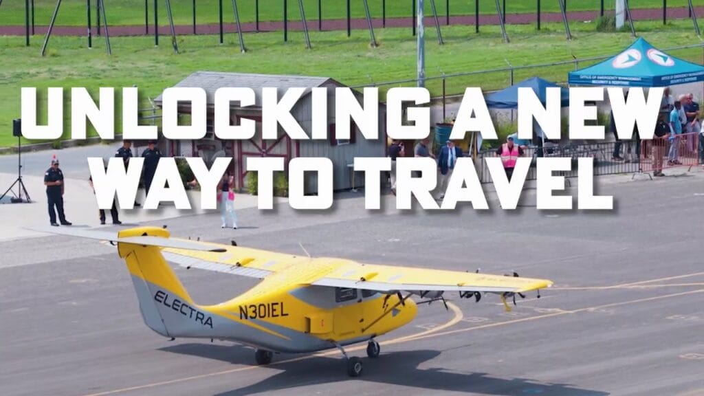 Screenshots from an FAA promotional video shows an Electra hybrid-electric plane on the runway as part of an FAA-backed demonstration. (Federal Aviation Administration)
