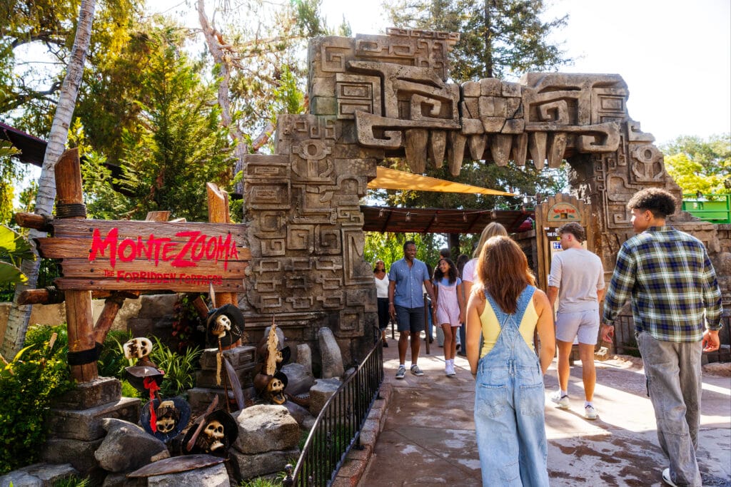 Promotional image from Knott's Berry Farm shows the revamped and improved MonteZOOMa: The Forbidden Fortress roller coaster which made its return on Aug. 14, 2026.