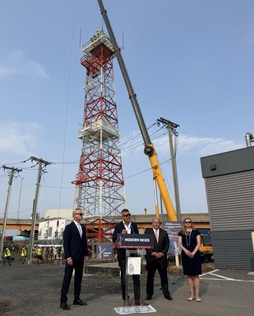 Transportation Secretary Sean Duffy speaks at the Newark International Airport as a newly installed radar tower sits in the background. (Federal Aviation Administration)