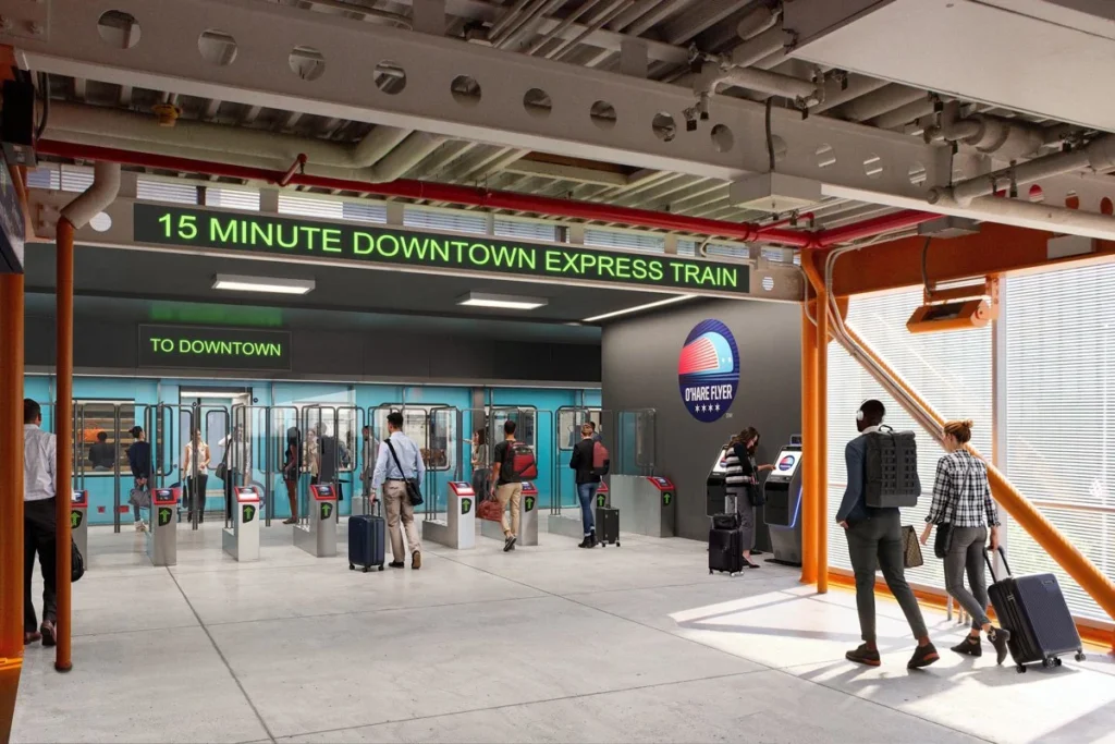 Rendering shows the proposed boarding station for the O'Hare Flyer in downtown Chicago.