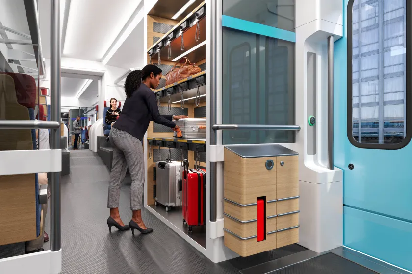 Rendering shows the interior of the proposed O'Hare Flyer trains including luggage rack for airport travelers.