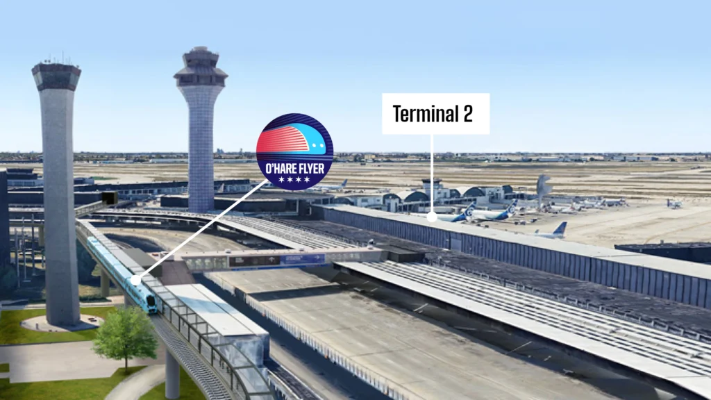 Rendering shows the path of the O'Hare Flyer where it meets with the airport.