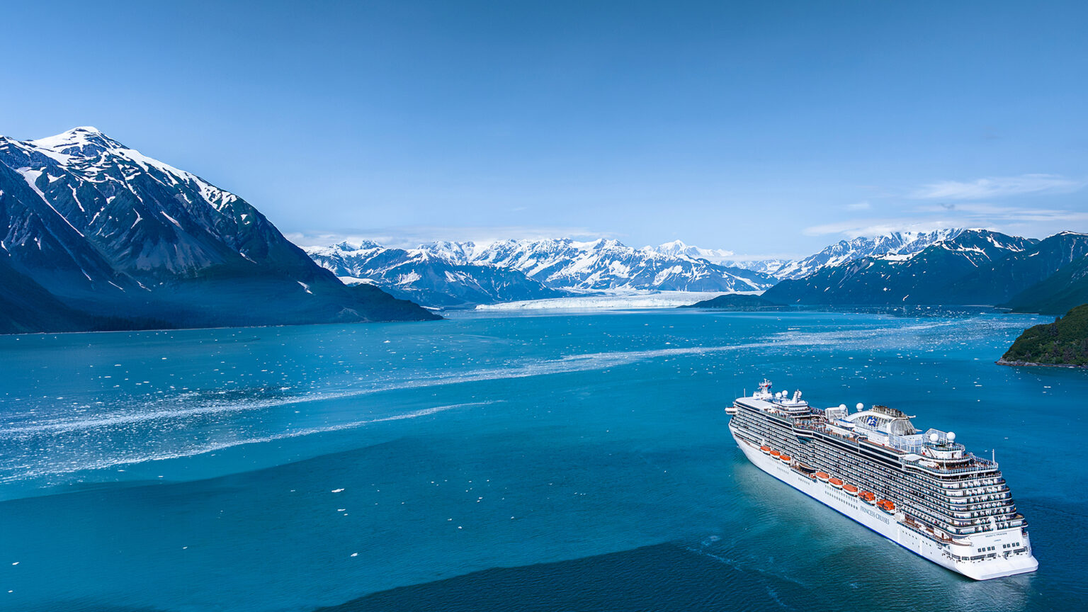 A Princess Cruises ship sails through an Alaskan channel surrounded by glaciers in this undated marketing image meant to promote the company's 2028 Alaska sailing season. (Princess Cruises)