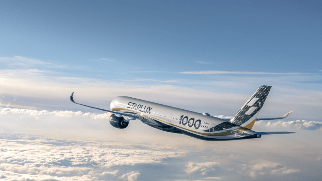 A Starlux Airbus A350-1000 is seen in this undated promotional image from Starlux.