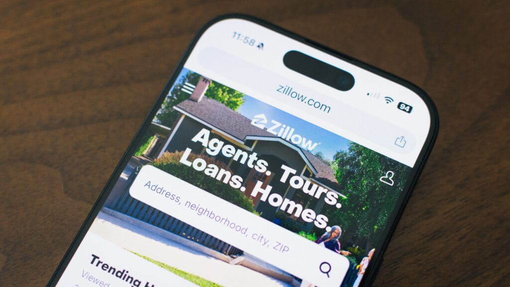 This promotional media image shows the Zillow website on a cell phone browser. (Zillow Front Porch)