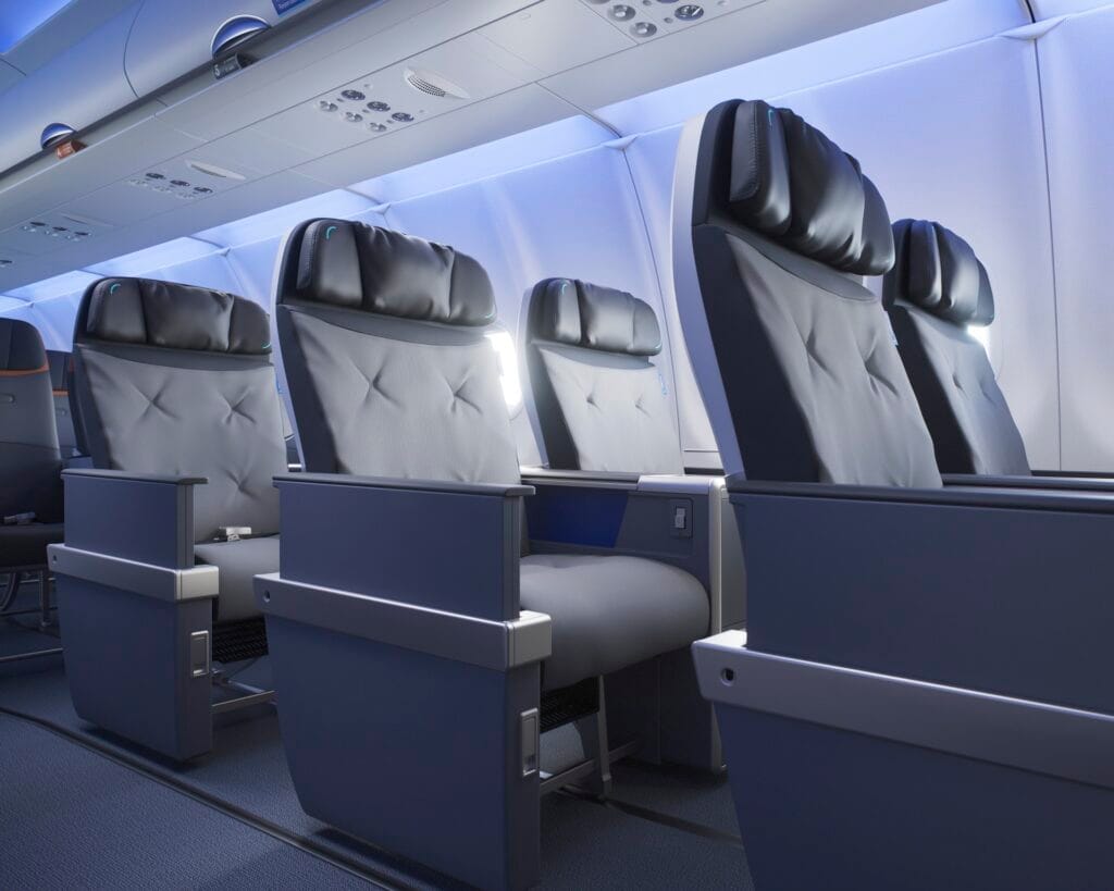 This promotional image from JetBlue shows the custom seating in its new first class section.