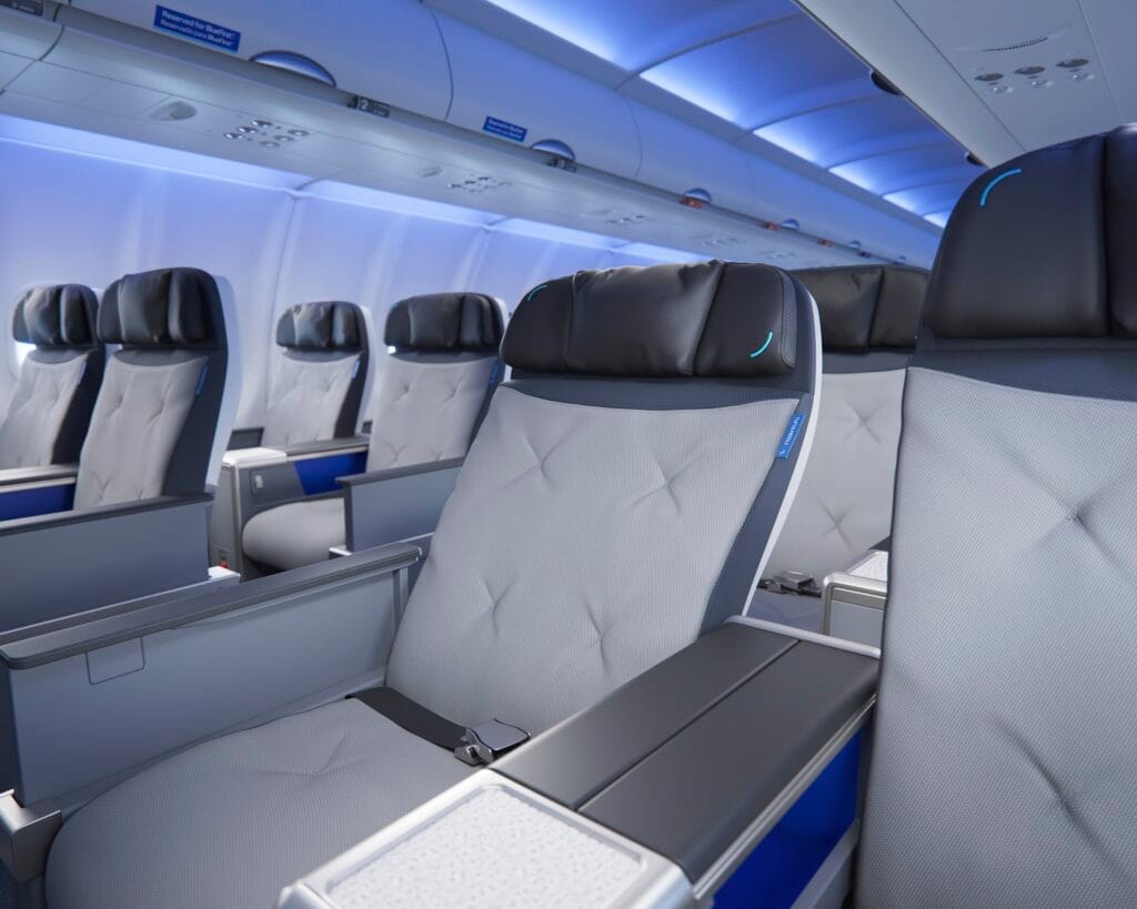 This promotional image from JetBlue shows the recline of its new custom seating in the new BlueFirst section.