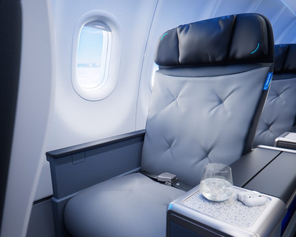 This promotional image from JetBlue shows the Tuft and Needle custom seating in its new first class section.