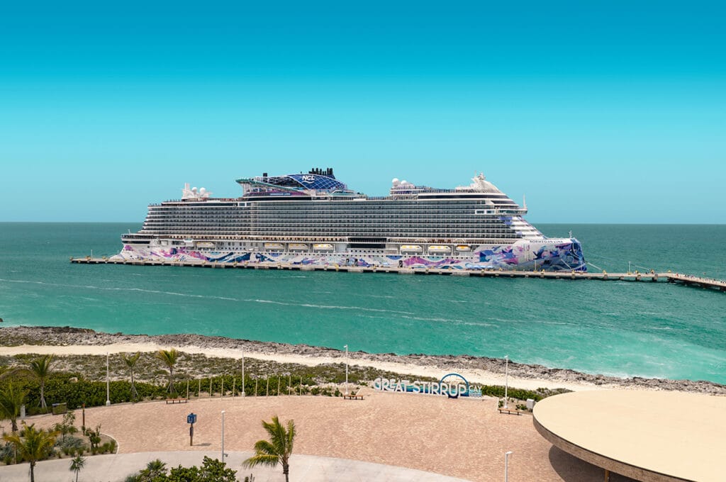 The Norwegian Luna is seen docked at the new pier built at Great Stirrup Cay in the Bahamas in this undated promotional image from Norwegian Cruise Line.