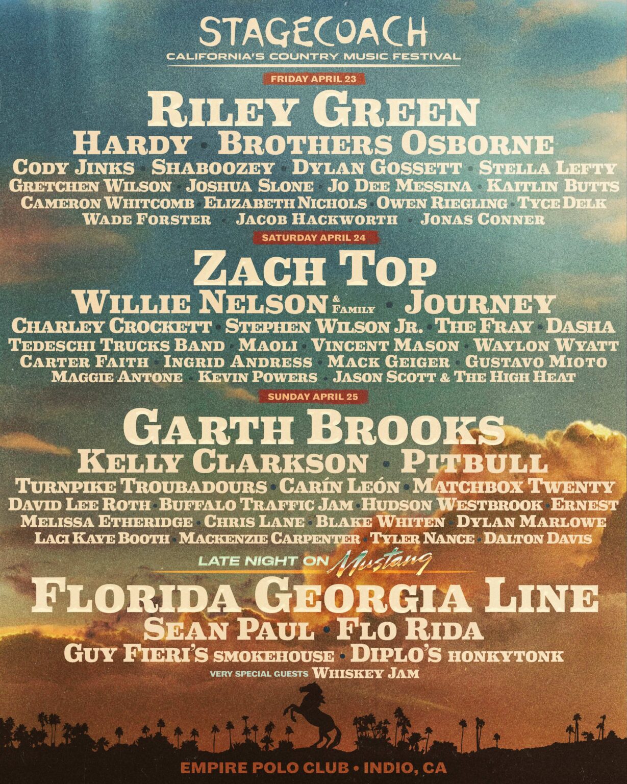 Stagecoach announces 2027 festival lineup Stagecoach festival organizers have released the 2027 festival lineup featuring headliners Riley Green, Zach Top adn Garth Brooks, as well as the reunion of award-winning country duo Florida Georgia Line.
