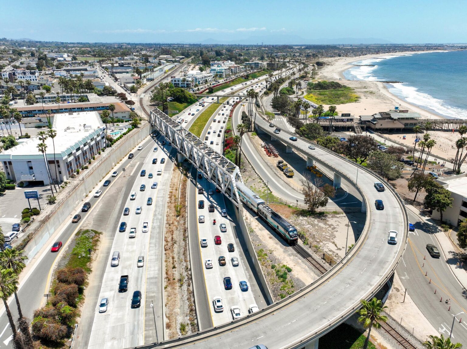 Major track projects will derail Metrolink, Amtrak service across Southern California this month A Metrolink train crosses over Highway 101 in downtown Ventura in this undated promotional image from Metrolink.