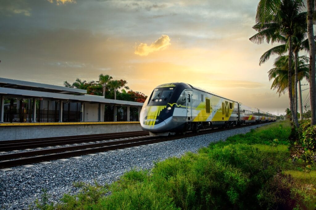 A Brightline train is seen at the Boca Raton, Florida station in this undated promotional image from Brightline. 