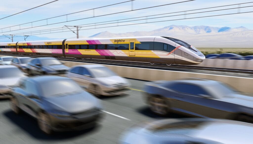This image shows a rendering of a Brightline West train traveling along a proposed route between Las Vegas and Rancho Cucamonga, California. (Credit: Brightline West)