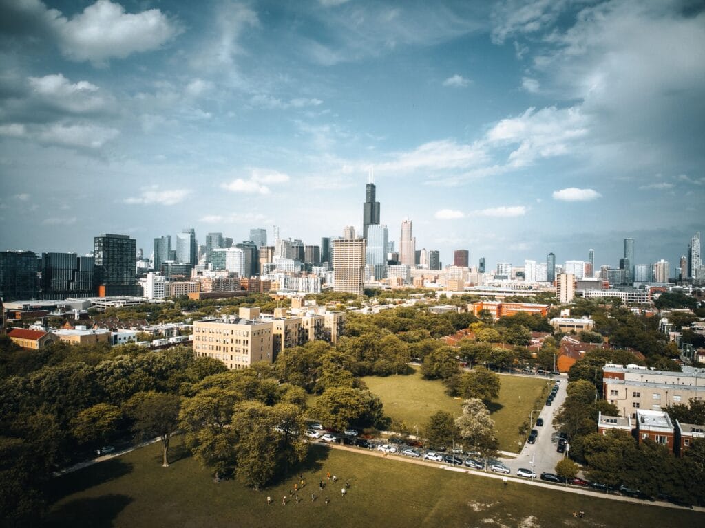 This aerial image shows the Chicago skyline in the background and a park in the foreground on May 17, 2026. Chicago is one of the hottest markets in the U.S. for renters.(Pexels.com)