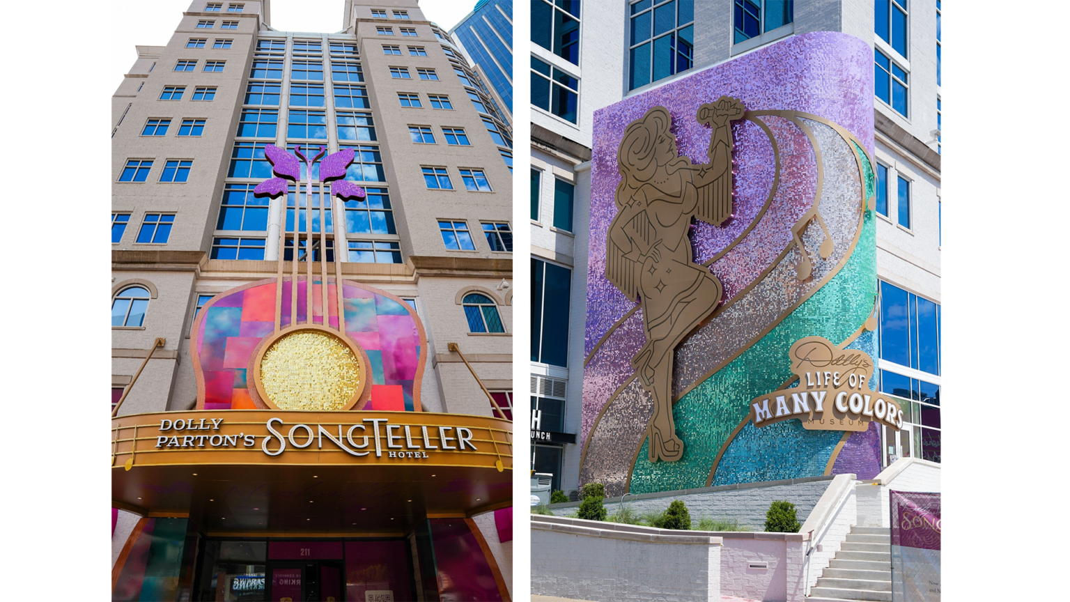 The exterior of Dolly Parton's SongTeller Hotel and the Dolly Life of Many Colors Museum are seen in this promotional image.