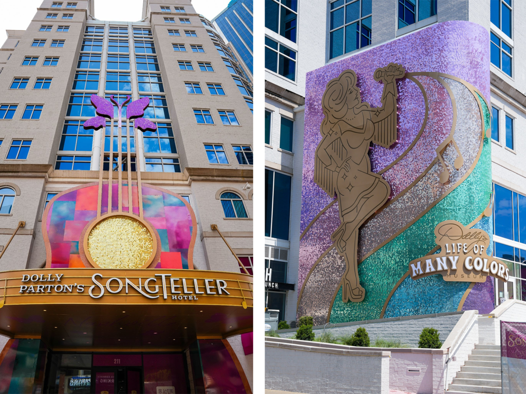 The exterior of Dolly Parton's SongTeller Hotel and the Dolly Life of Many Colors Museum are seen in this promotional image.
