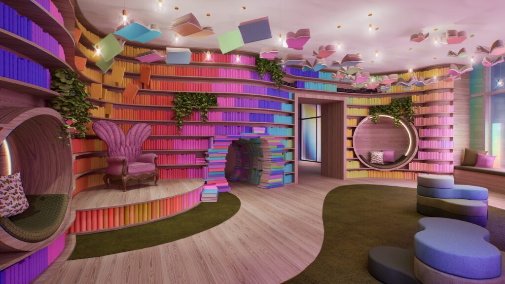 The colorful library at the Dolly Life of Many Colors museum in Nashville, Tennessee, in this promotional image.