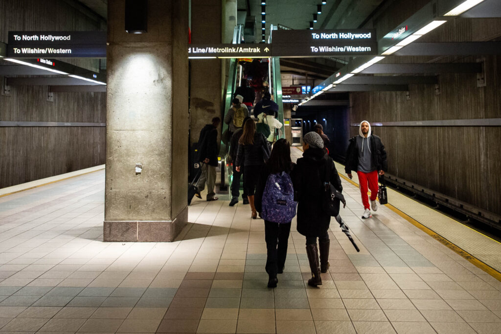 Riders wait for a subway train to arrive at an underground platform at Los Angeles Union Station in this undated promotional image by LA Metro.