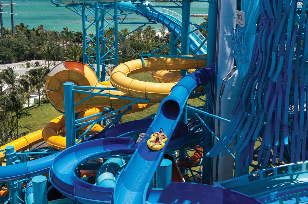 The 170-foot-tall Tidal Tower boasts eight thrilling slides and stands as the centerpiece of Norwegian Cruise Line®’s all-new Great Tides Waterpark.