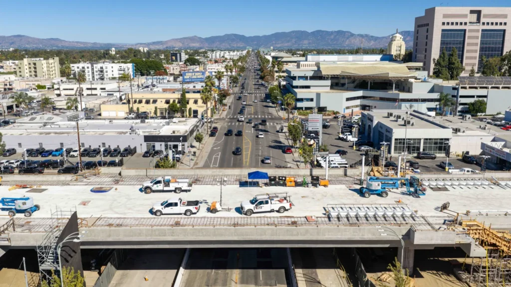 San Fernando Valley light rail construction on Van Nuys Boulevard, where a new bridge will carry G Line buses (LA Metro)