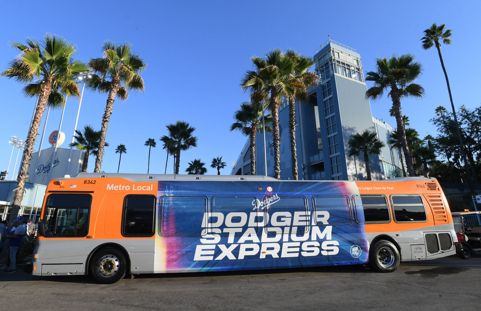 The Los Angeles Dodgers' Dodger Stadium Express is seen outside the left field pavilion on September 18, 2023 at Dodger Stadium in Los Angeles, California. (LA Metro)